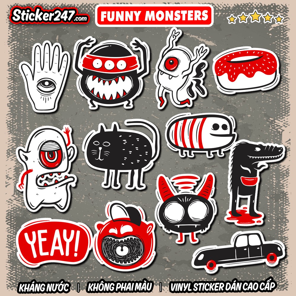 Sticker Funny Monster 𝑭𝒓𝒆𝒆𝒔𝒉𝒊𝒑 chống nước dán laptop, điện thoại, guitar, dán mũ bảo hiểm, vali...