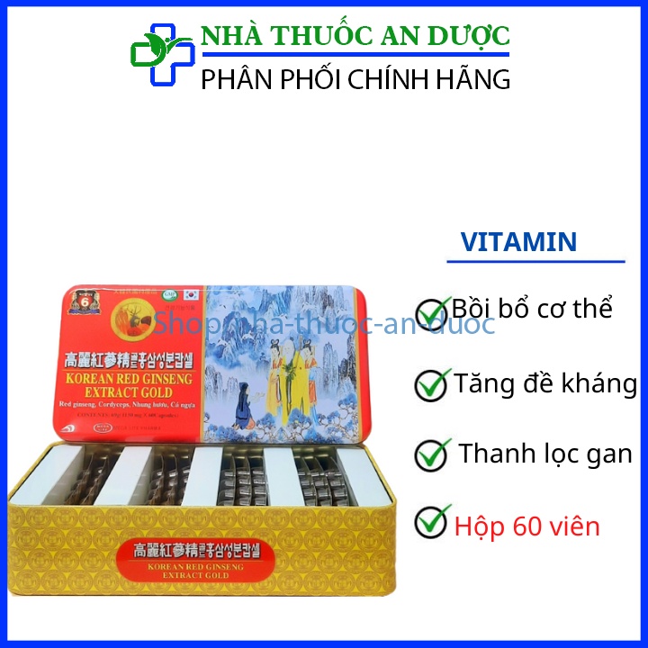 Viên bổ Korean Red Ginseng Extract Gold giúp bồi bổ cơ thể, ăn ngủ ngon, cho người suy nhược cơ thể hộp sắt 60 viên