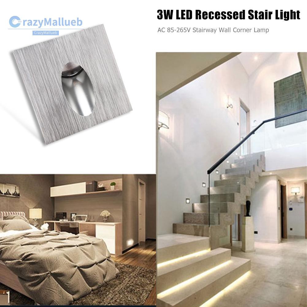 Crazymallueb❤Portable 3W LED Recessed Stair Light AC 85-265V Aluminum Stairway Wall Corner Lamp❤Lighting