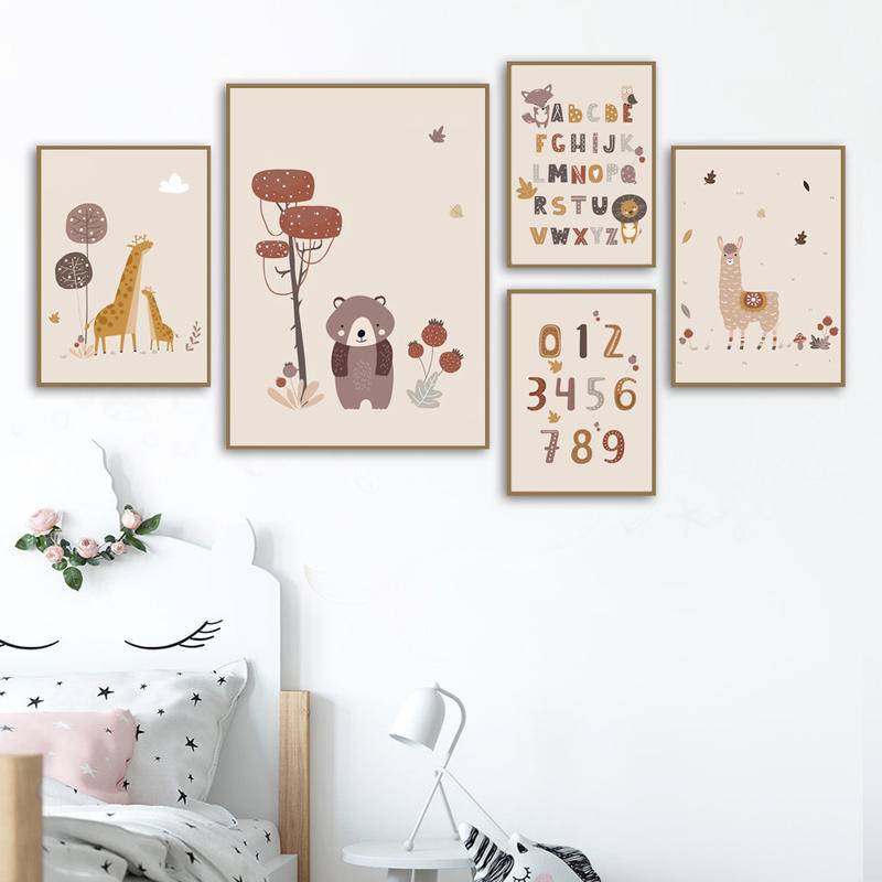 Tranh Vải Bạt Treo Tường In Hình Hươu Cao Cổ / Gấu / Cá Sấu Chữ Cái Trang Trí Phòng Trẻ Em