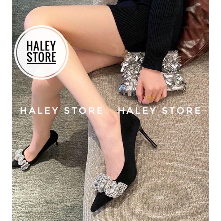 Giày cao gót HALEY STORE 9p mũi nhọn quai đính đá xoàn nhúm lấp lánh tiểu thư công chúa đi tiệc cô dâu ngày cưới rẻ bền