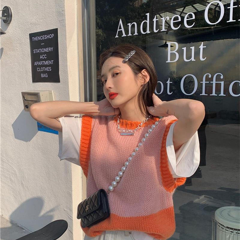 Áo Dệt Kim Sát Nách Phối Màu Tương Phản Trẻ Trung Cho Nữ