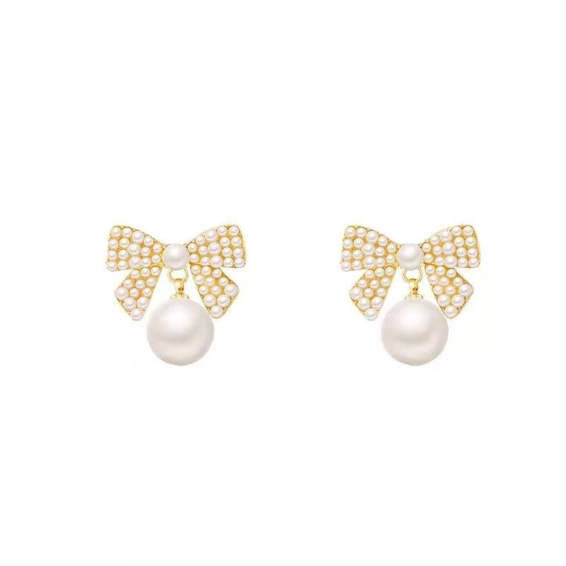 Khuyên Tai Hình Nơ Đính Đá Ngọc Trai Phong Cách Cổ Điển Mới