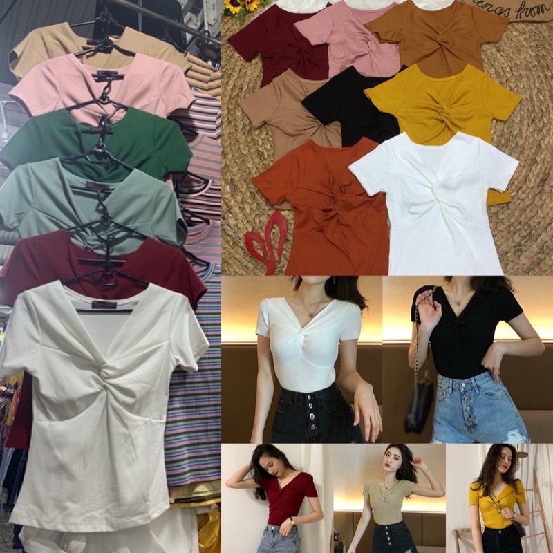 Áo kiểu xoắn ngực tay ngắn đủ màu