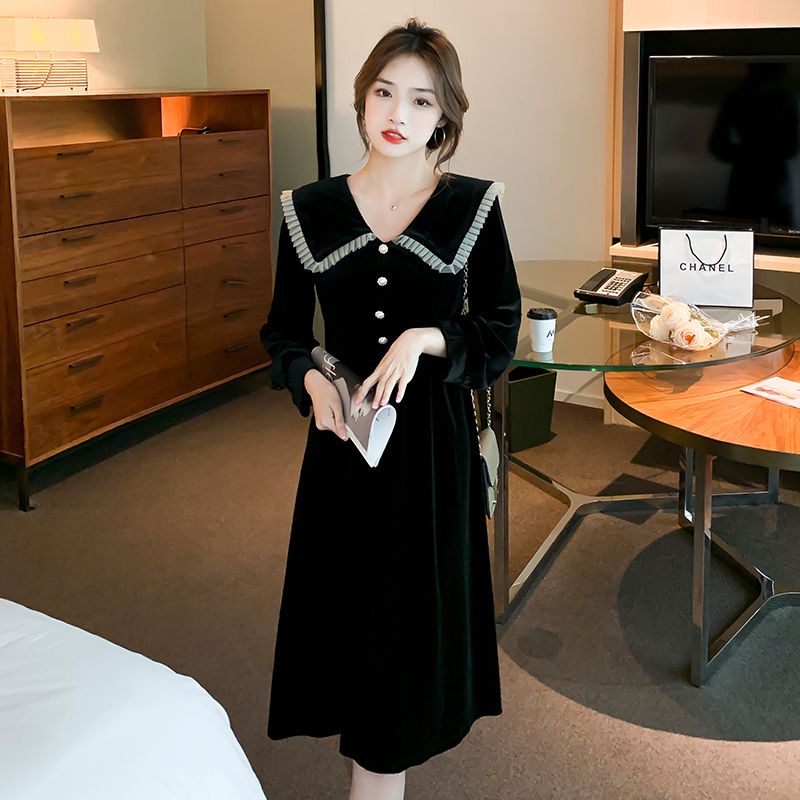 Váy babydoll Đầm Nhung Cổ Búp Bê Phong Cách Hepburn Thời Trang Mới 2022 Cho Nữ