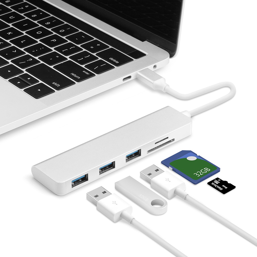 [COD Ready Stocks]Type-C 3-Port USB3.0 Hub Adapter Data SD Slot Card Reader