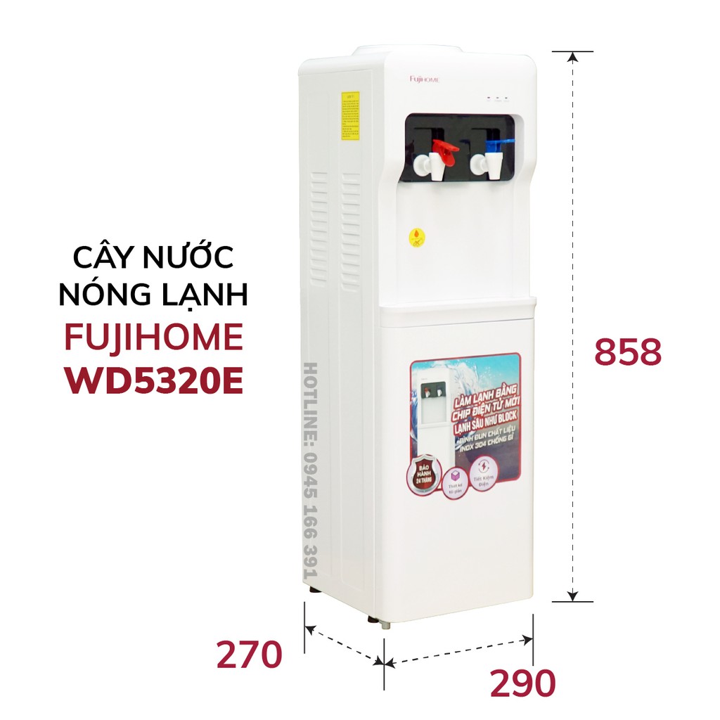 Cây nước nóng lạnh Nhập Khẩu Fujihome WD5320E, bình lọc máy lọc nước nóng lạnh mini uống công nghệ Nhật Bản