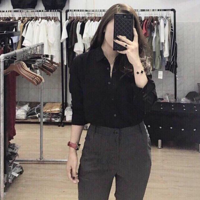 Áo sơ mi trắng đen form rộng