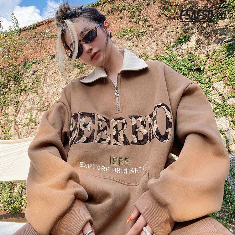 Áo Nỉ Có Khóa Kéo Cổ polo Cỡ Lớn Thêu Họa Tiết Màu Sắc Tương Phản Phong Cách Retro Mỹ Cho Nữ