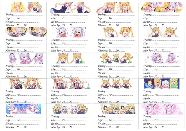 Combo 20 nhãn vở anime kanna maid dragon có đề can bóc dán