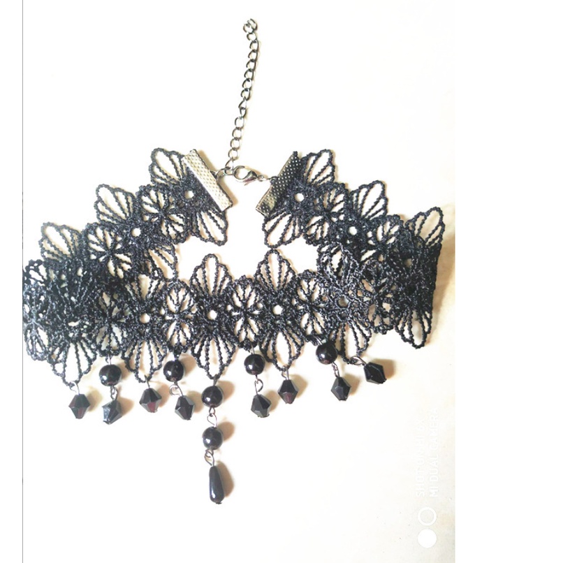 Vòng cổ dây chuyền choker nữ vải ren hoa 4 cánh đính chuỗi ngọc trai nhân tạo phong cách hàn quốc cá tính