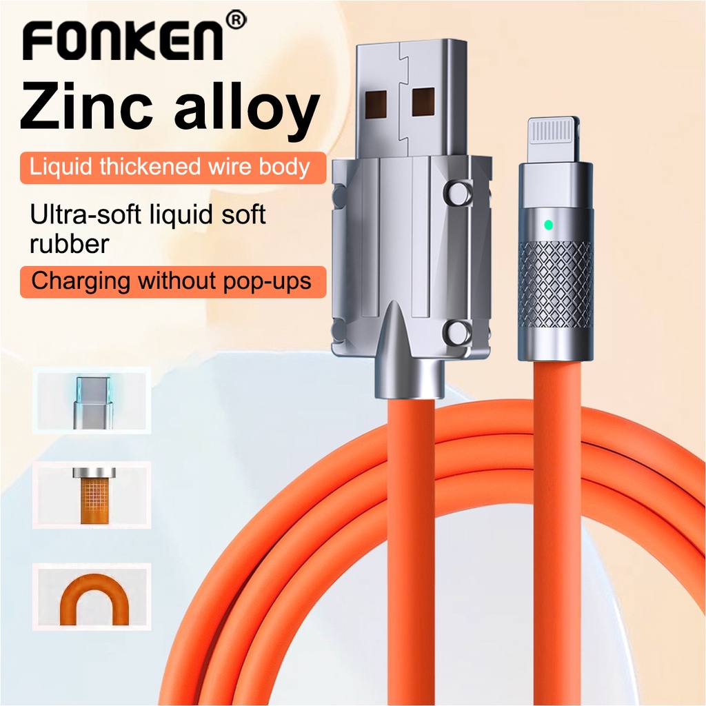 Dây Cáp Sạc Nhanh Fonken 120W OD6.0 Bằng Hợp Kim Kẽm Silicon Cổng Micro USB Type-C Cho I-phone / Phone Android