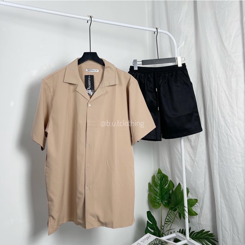 Áo sơ mi họa tiết ngắn tay BE HỒNG trơn mềm dành cho nam nữ | BUTCLOTHING