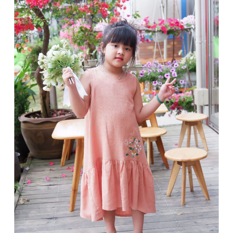 Little Luna - Váy đầm mẹ bé linen thêu hoa cúc SIZE ĐẠI 12KG - 65 KG