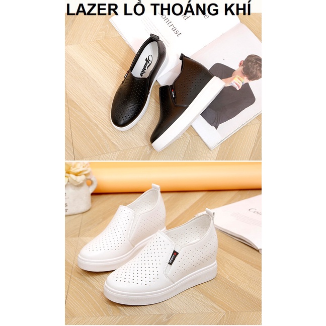 [CHẤT LƯỢNG] Giày độn đế nữ, giày slip on nữ độn đế da trơn lazer lổ thoáng khí  cao 6cm, êm chân, Hàng Quản