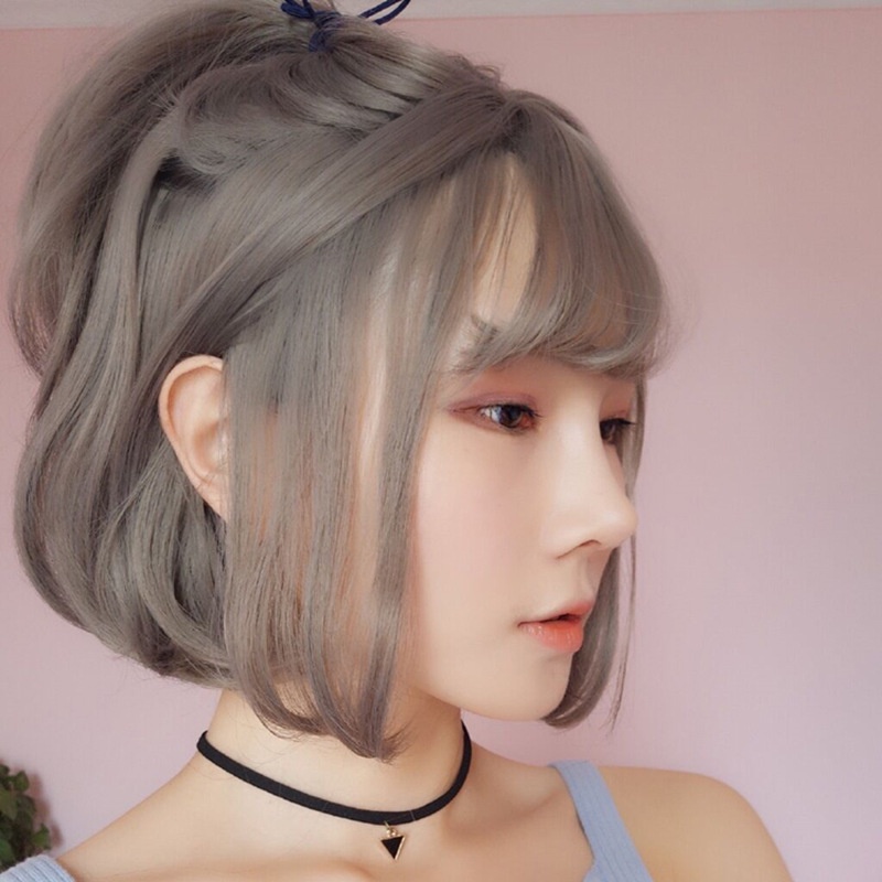 Bộ tóc giả ngắn thẳng màu xám phong cách Nhật Bản và Hàn Quốc cho nữ