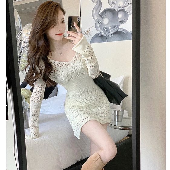 Đầm Dệt Kim Tay Dài Dáng Ôm Phong Cách Thời Trang Hàn Quốc Dành Cho Nữ