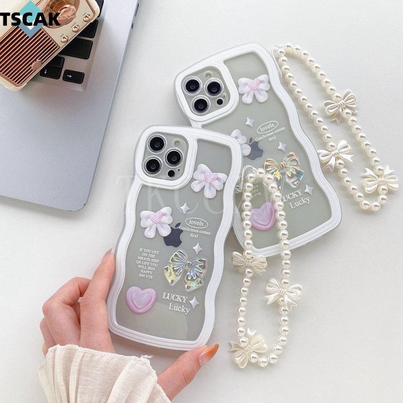 Ốp Điện Thoại Trong Suốt In Họa Tiết Đính Nơ Kèm Dây Đeo Cổ Tay Chống Sốc Cho OPPO R15 R17 A53 A72 A73 Reno 3 4 5 6 7 8 Pro