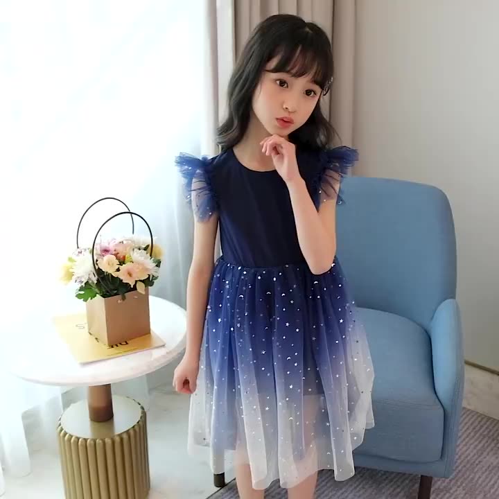 Đầm Công Chúa Tay Ngắn Phối Ren Lưới Màu Gradient Dễ Thương Cho Bé Gái