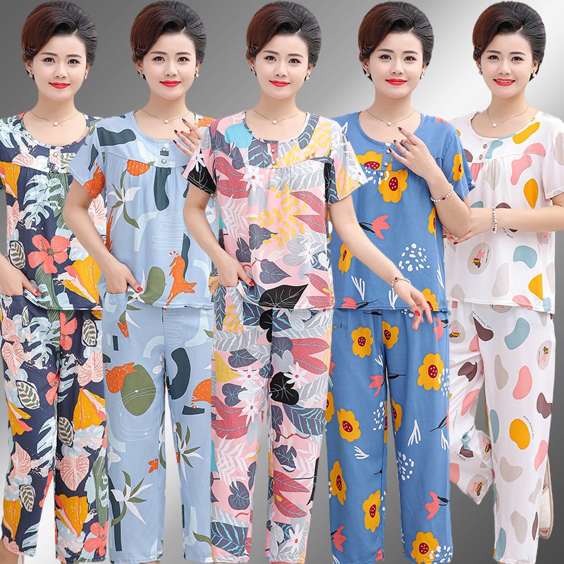 Bộ đồ ở nhà cotton lụa size lớn và lớn Bộ đồ ngủ nữ cotton lụa ngắn tay mỏng phù hợp với người lớn tuổi