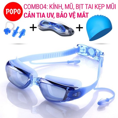 Kính bơi kèm bịt tai POPO 1940, kèm mũ chống tia UV hạn chế sương mờ