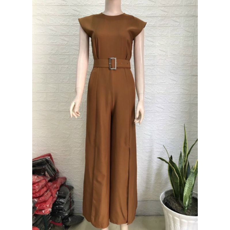 Jumpsuit dài ống rộng xẻ cao, bộ jum không tay kèm nịt - DTH