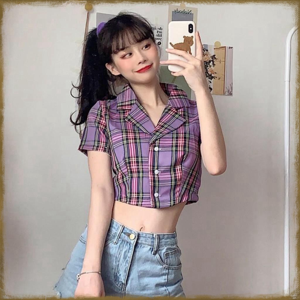 (Hot 2020)   Áo Sơ Mi Croptop Tay Ngắn Kẻ Sọc Caro Thời Trang Cho Nữ - Croptop Caro Kẻ Tím Đen Đỏ Hồng Vàng Xanh