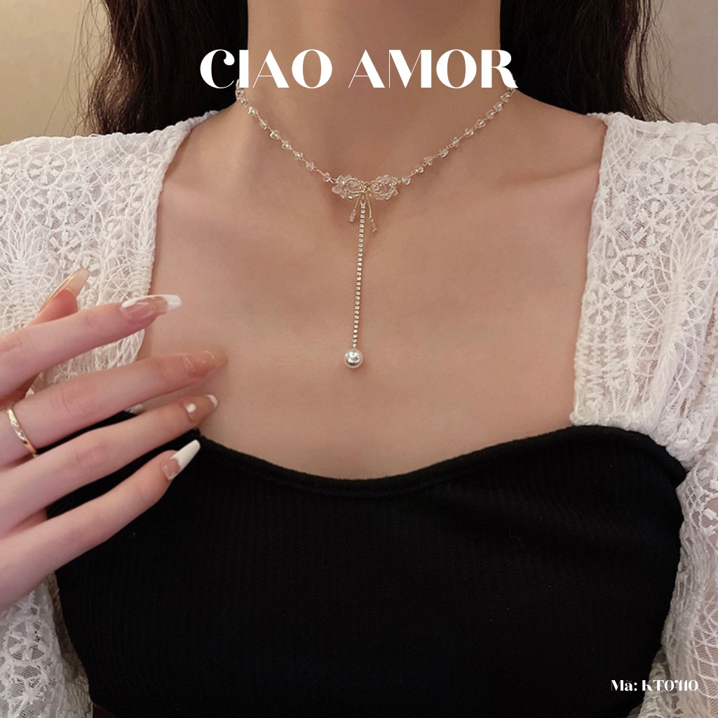 Dây chuyền nữ, Vòng cổ lấp lánh tiểu thư lấp lánh dự tiệc ngọc đính nơ dài Trang sức Ciao Amor - KT0410