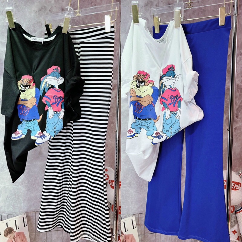 Set áo thun hình thú tay con + quần dài ống loe