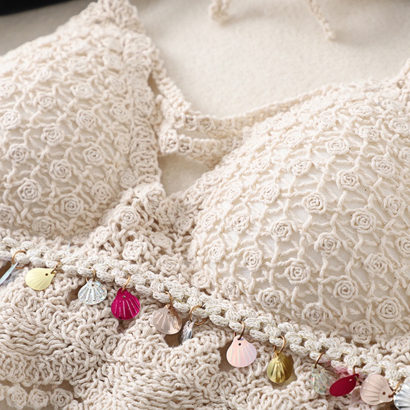 Brroa Áo Ngực Bikini Đan Móc Hoa Hồng Vỏ Sò Đính Kim Sa Tua Rua Đi Biển Cho Nữ