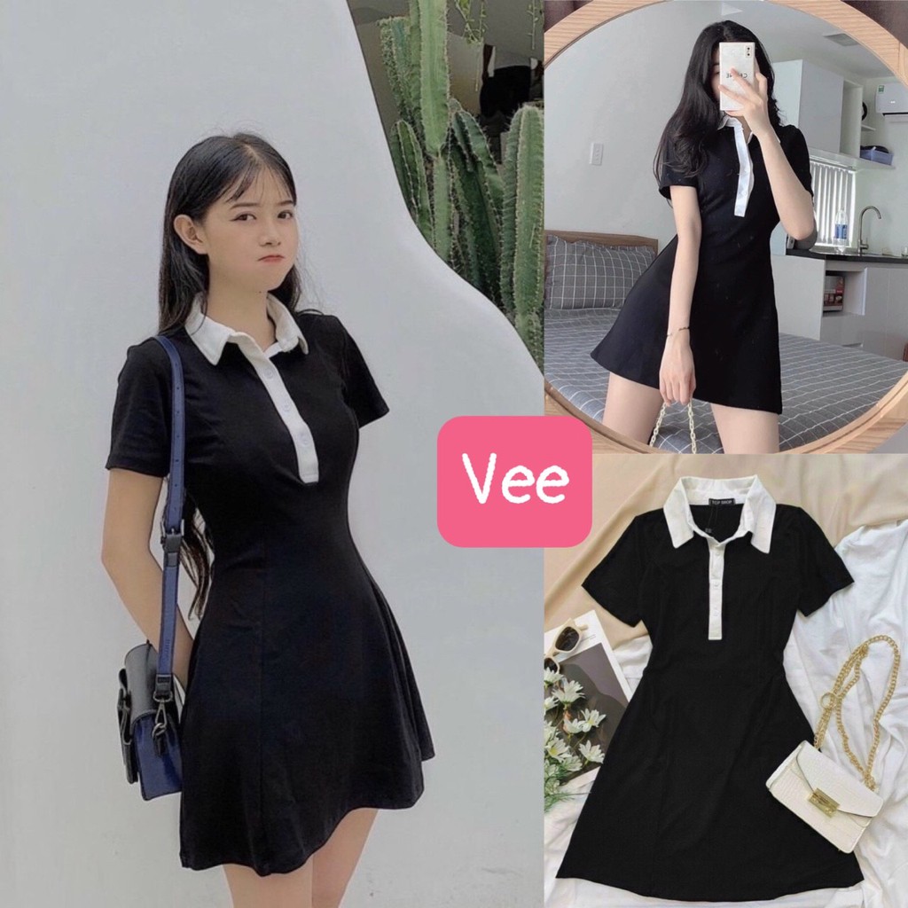 Đầm suông bigsize ôm body polo đóng cúc / Váy nữ cộc tay dáng ngắn thời trang hàn quốc_veestore