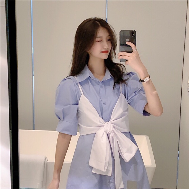 Váy babydoll sơ mi tay ngắn có cổ bigsize dáng suông