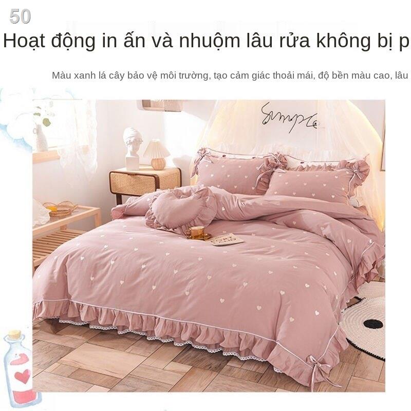 2021 ♦►Váy bông mùa hè hồng cô gái trái tim lưới thỏ đỏ thêu công chúa Bộ đồ giường bốn mảnh Hàn Quốc