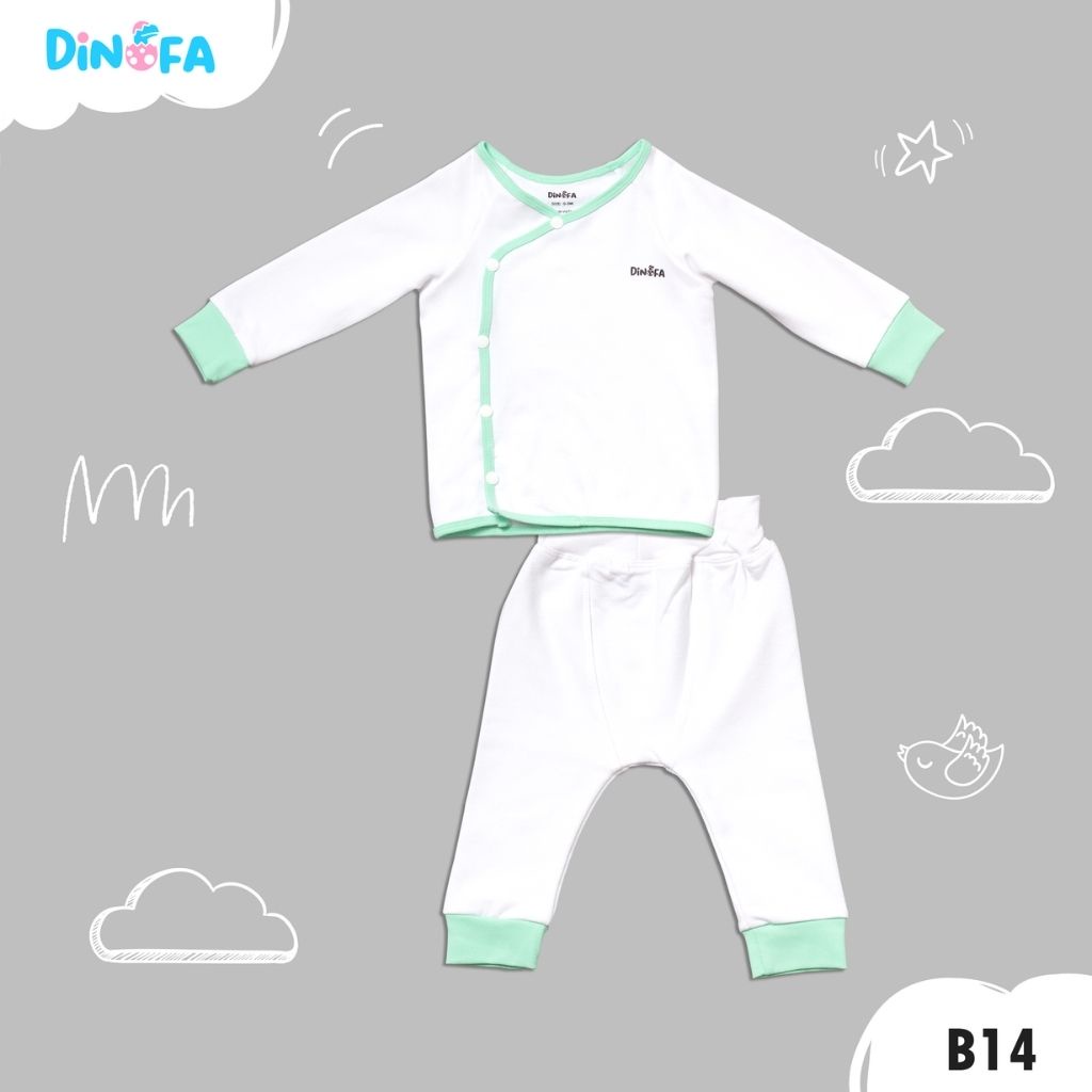 Set quần áo sơ sinh DINOFA cho trẻ 0-3M thiết kế cúc chéo, màu trắng viền xanh lá_B14 B33