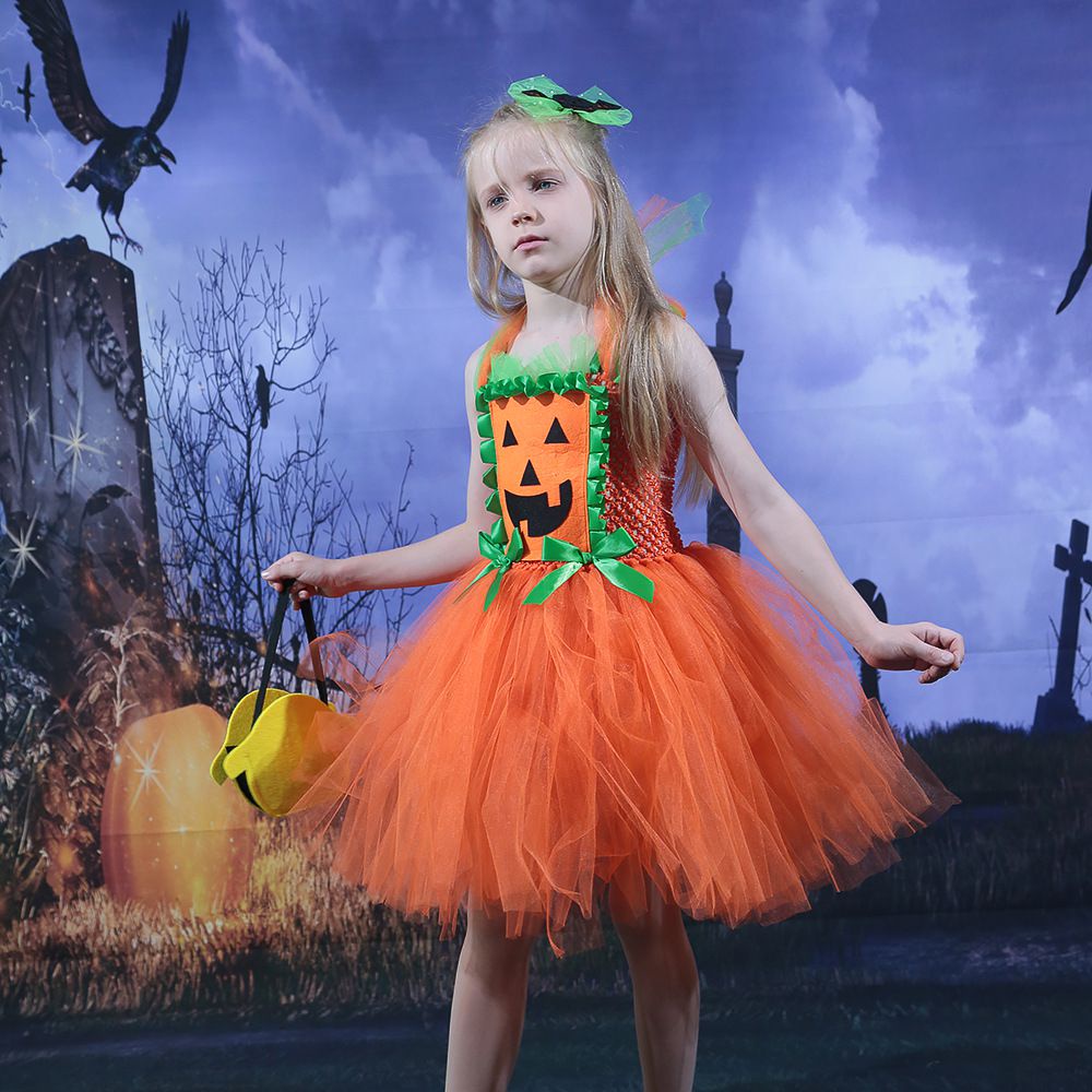 Đầm bí ngô không tay thời trang công chúa Halloween thích hợp trình diễn cho bé gái