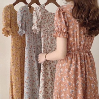 Váy hoa nhí cổ vuông chun eo - đầm vintage hoa xinh (hình shop tự chụp/sẵn)