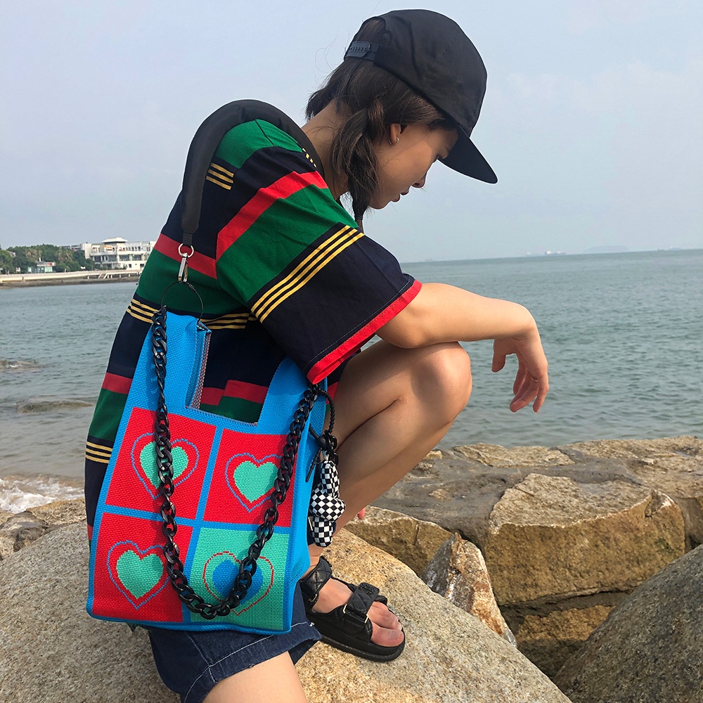 Túi Tote Đan Sợi Xích Màu Đen Phong Cách Nhật Bản Thời Trang 2022 Cho Mẹ Và Bé