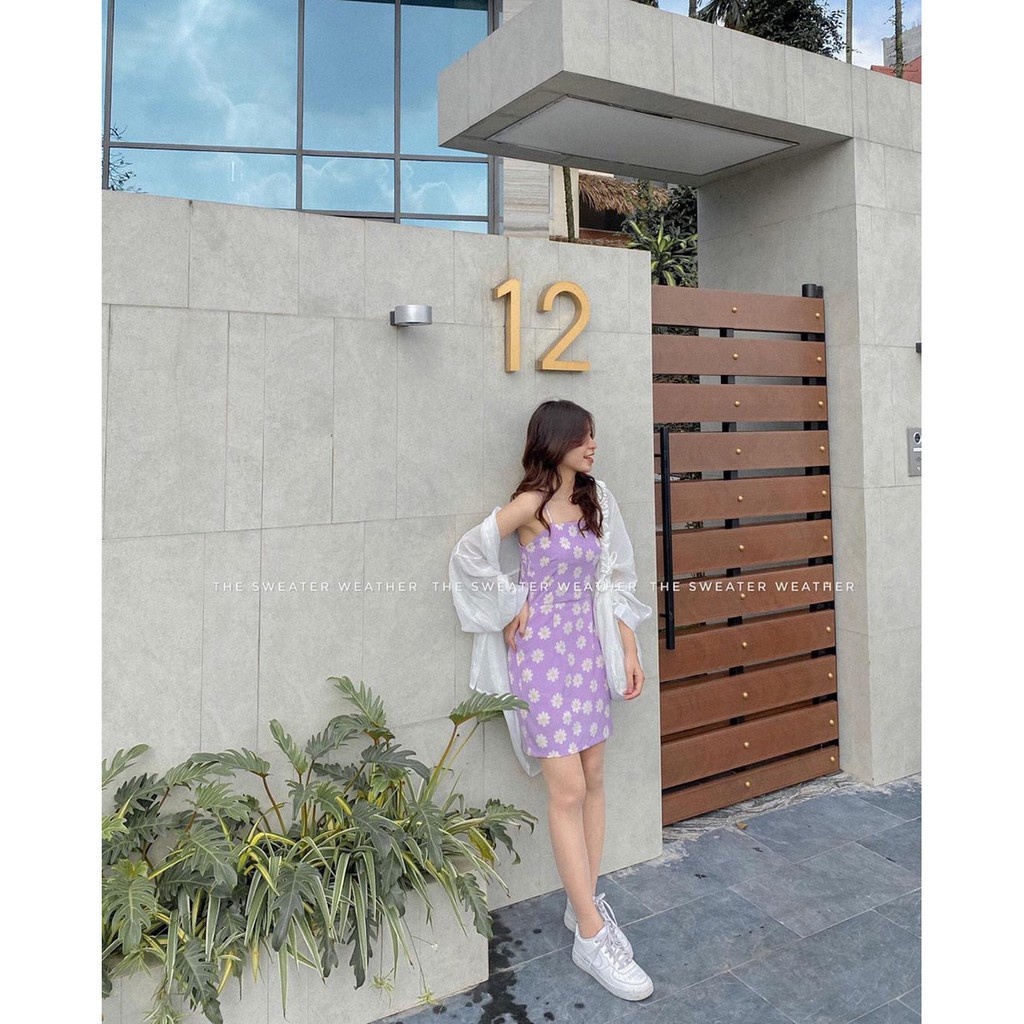 VÁY HAI DÂY HOA CÚC TÍM - ĐẦM 2 DÂY TIM TÍM HOA CÚC TRẮNG DÁNG NGẮN ULZZANG