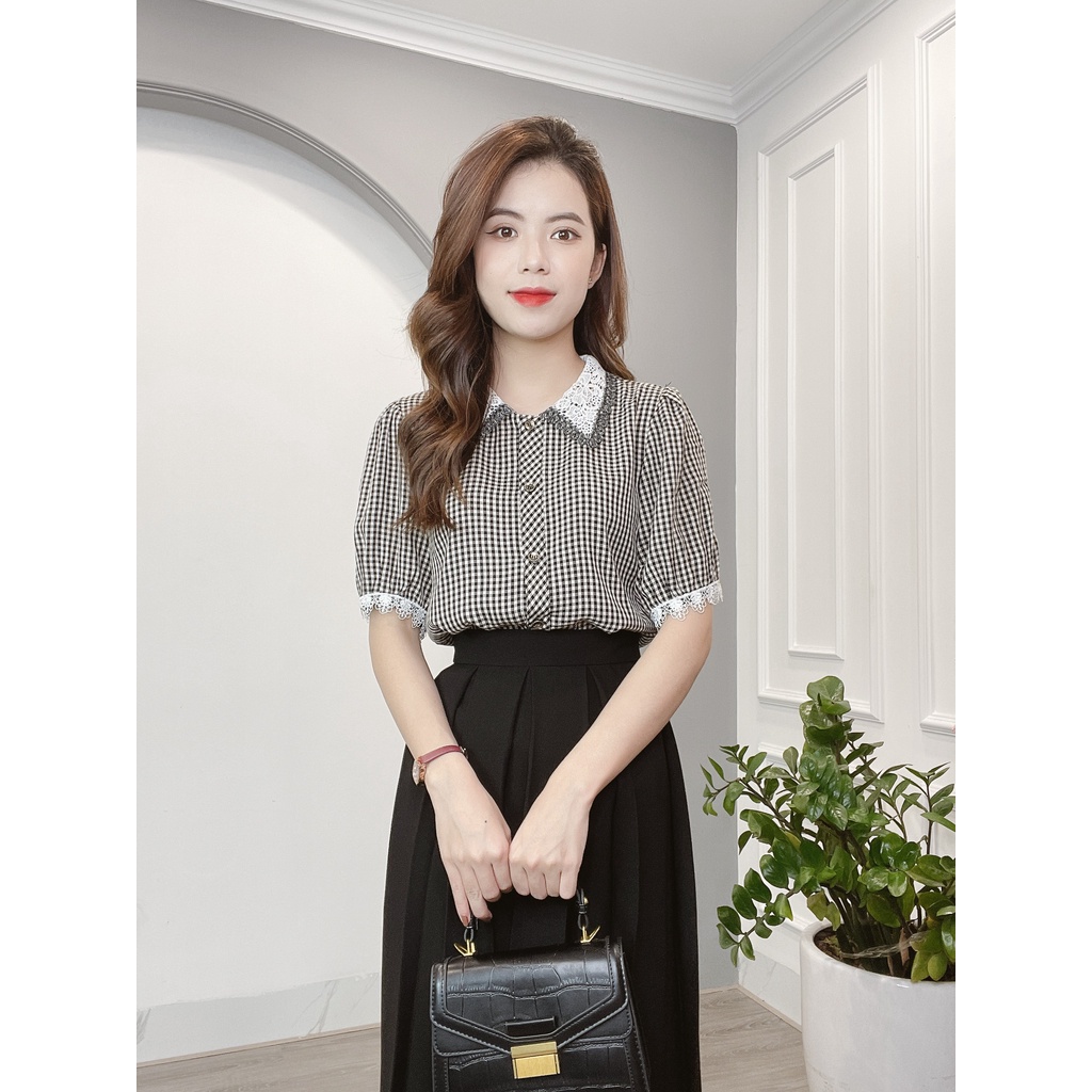 Áo Sơ Mi Min House Kẻ Caro Cổ Và Tay Viền Ren