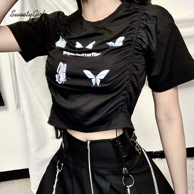 SweetyGirl Women Fashion Butterfly Printing Round Neck Short Sleeves Pleated Crop Top