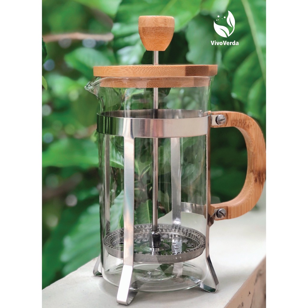 BÌNH PHA CAFE KIỂU PHÁP VỚI TAY CẦM VÀ NẮP BẰNG TRE 600ml/ ECO-FRIENDLY FRENCH COFFEE PRESS WITH BAMBOO LID AND HANDLE 6