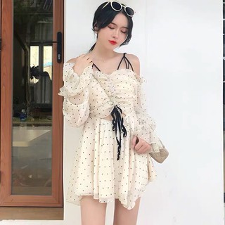 [CÓ SẴN DÁNG NGẮN] Đầm xòe trễ vai cách điệu, chấm bi
