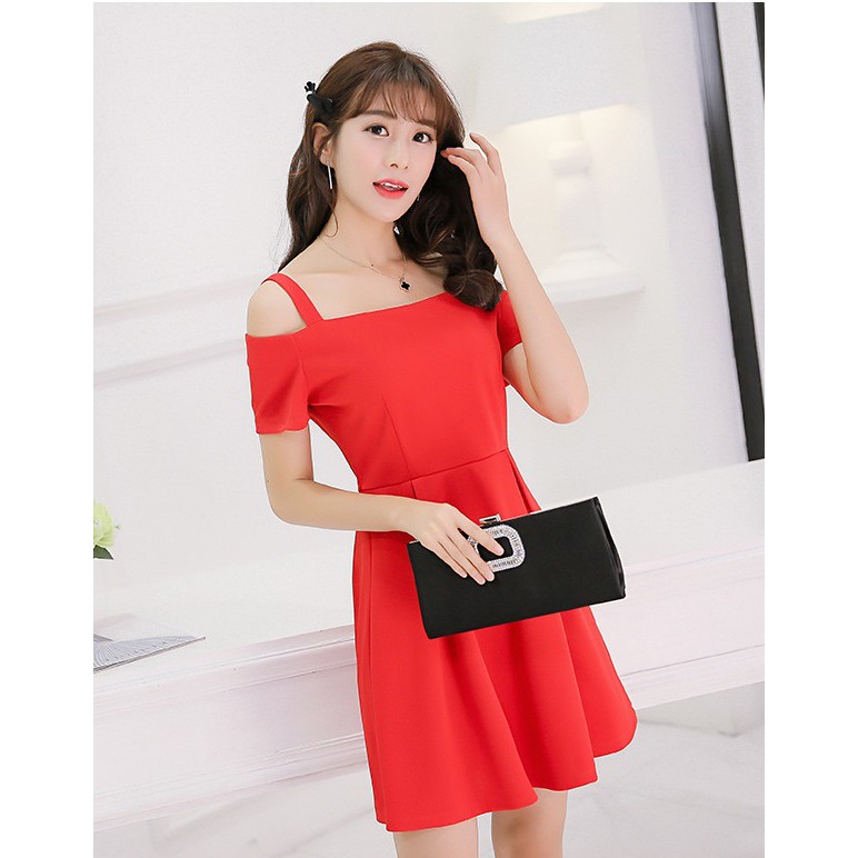 Đầm xòe nữ 2 dây, váy màu đỏ mặc tết dự tiệc cưới DA89