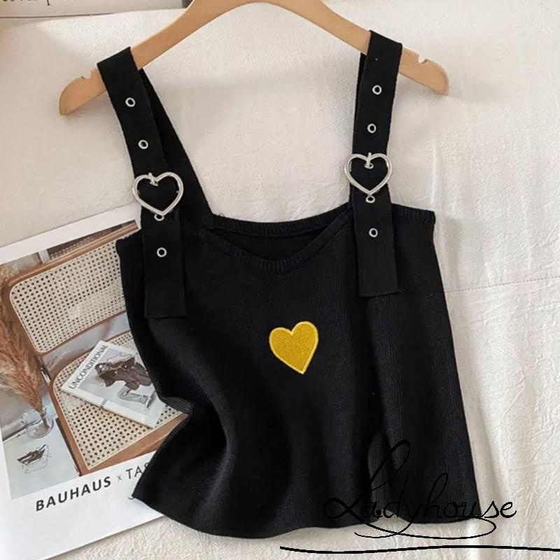 LDD-Women´s Summer Mini Knitted Camisole Sleeveless Adjustable Shoulder Strap Heart Print Sling Vest