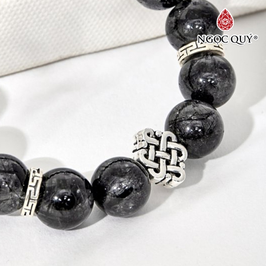 Vòng tay đá TA tóc đen phối charm bạc đồng tâm 11mm - Ngọc Quý
