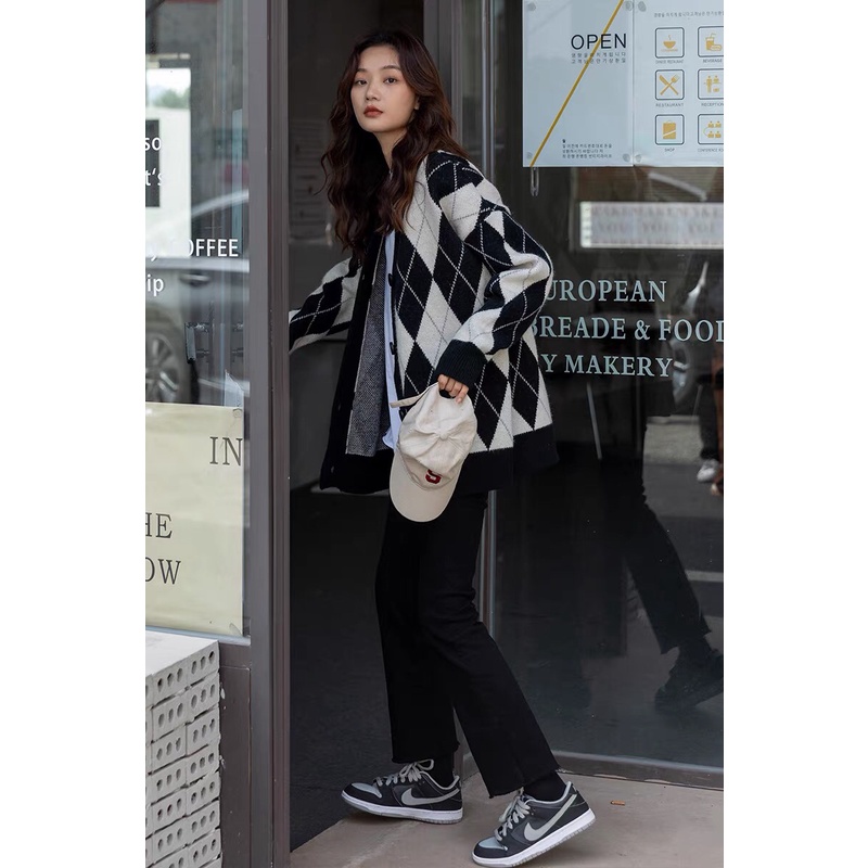 Áo khoác cardigan lông thỏ dáng rộng hoạ tiết kim cương áo khoác len phong cách Hàn Quốc