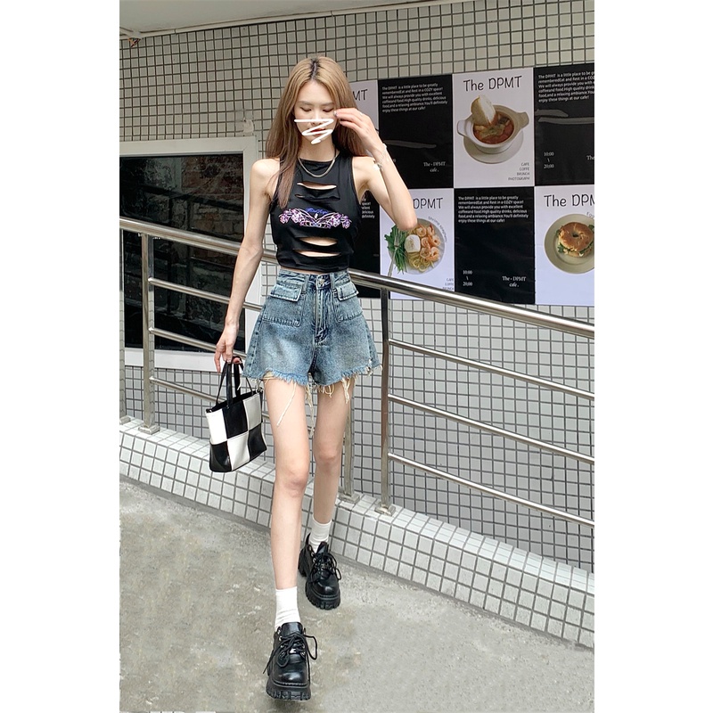 Cocory vn Quần Short Denim Ống Rộng Phong Cách Vintage Quyến Rũ