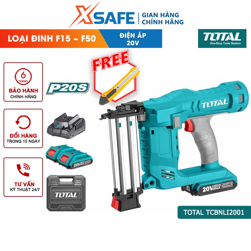 Máy bắn đinh dùng pin 20V TOTAL TCBNLI2001 Loại đinh F15~F50, tốc độ 2.5 đinh/giây, chứa 100 đinh, kèm 2 pin 2.0Ah 1 sạc
