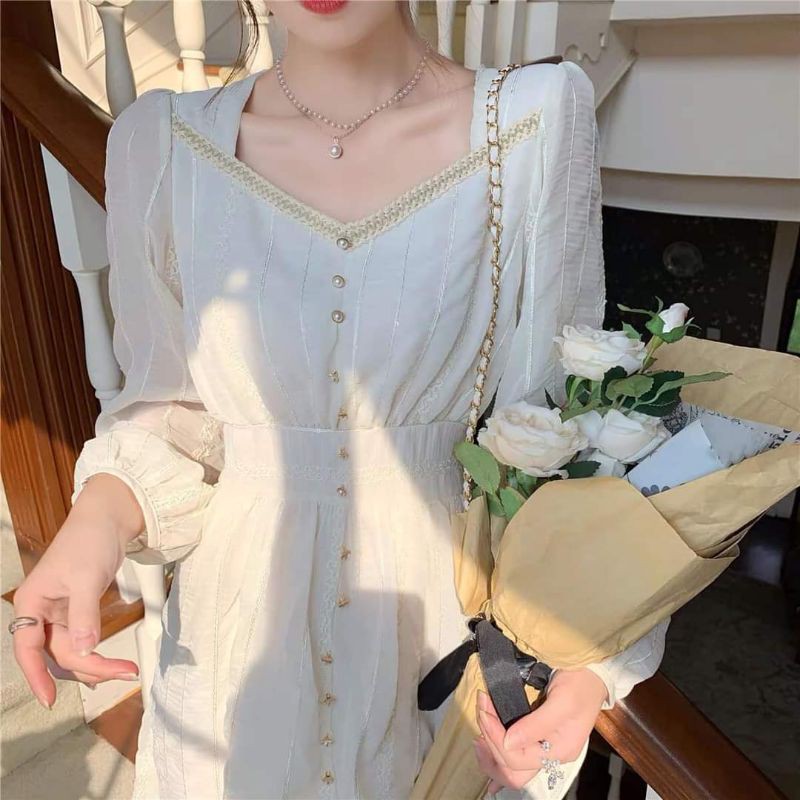 Đầm trắng tiểu thư viền cổ cúc đính hạt dễ thương kèm ảnh thật [ ORDER TAOBAO ]
