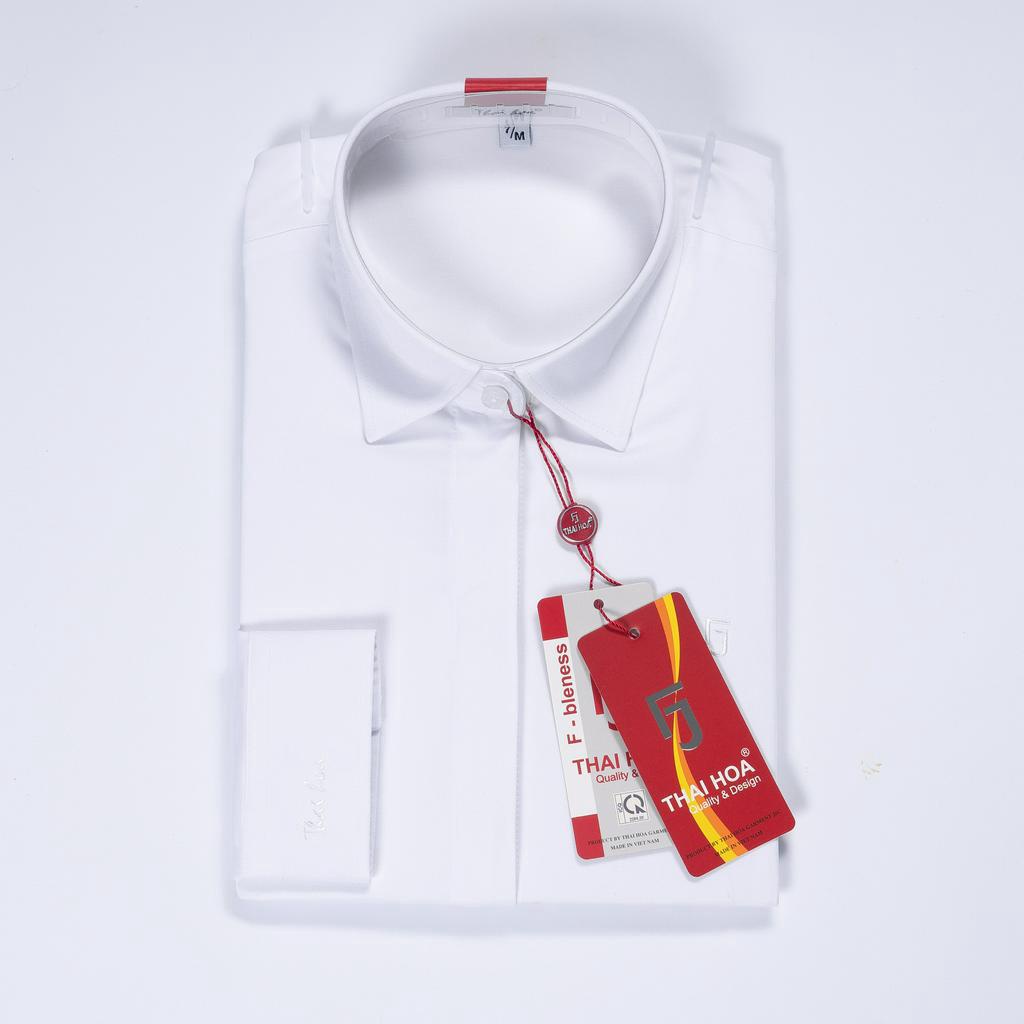 Áo sơ mi trắng nữ công sở Thái Hòa thiết kế dài tay sợi cotton giấu cúc 23ASW-102